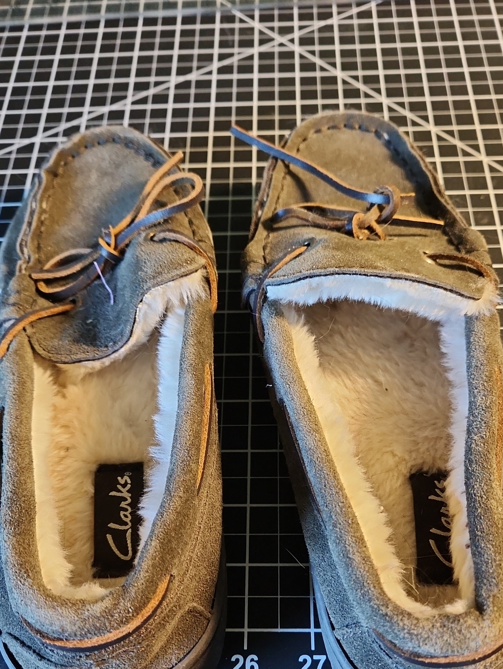 Clarks Olive Suede Moccasin Slippers with Cream Lining